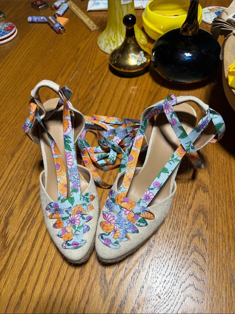 Floral Lace-Up Espadrille Wedge Sandals - Beige with Orange & Purple Floral Ties